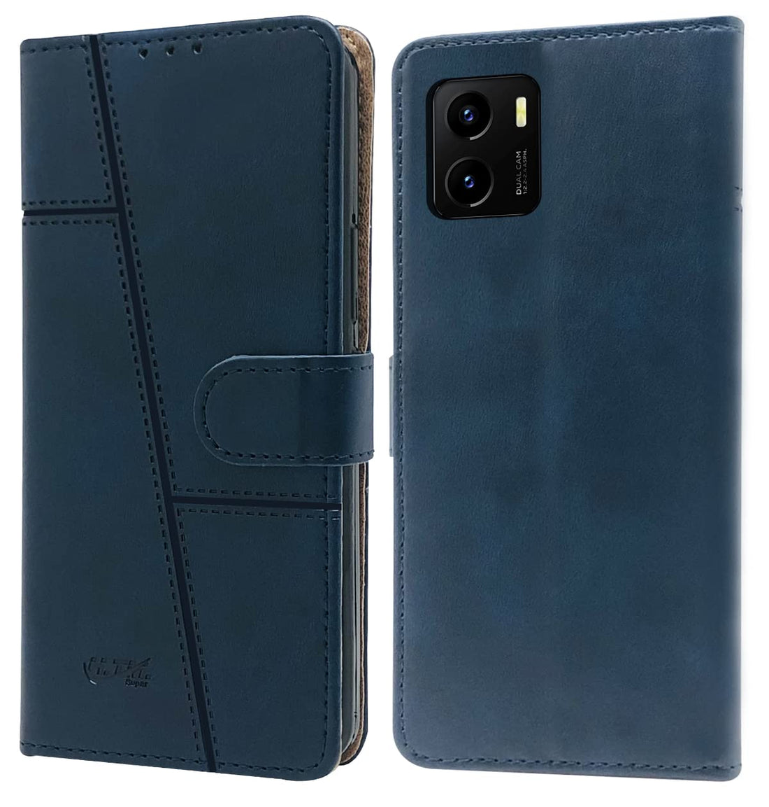 For Vivo Y15s (2021) | Y15A 2021 Flip Cover Case (Stitched Leather Finish | Magnetic Closure | Inner TPU | Foldable Stand | Wallet Card Slots)