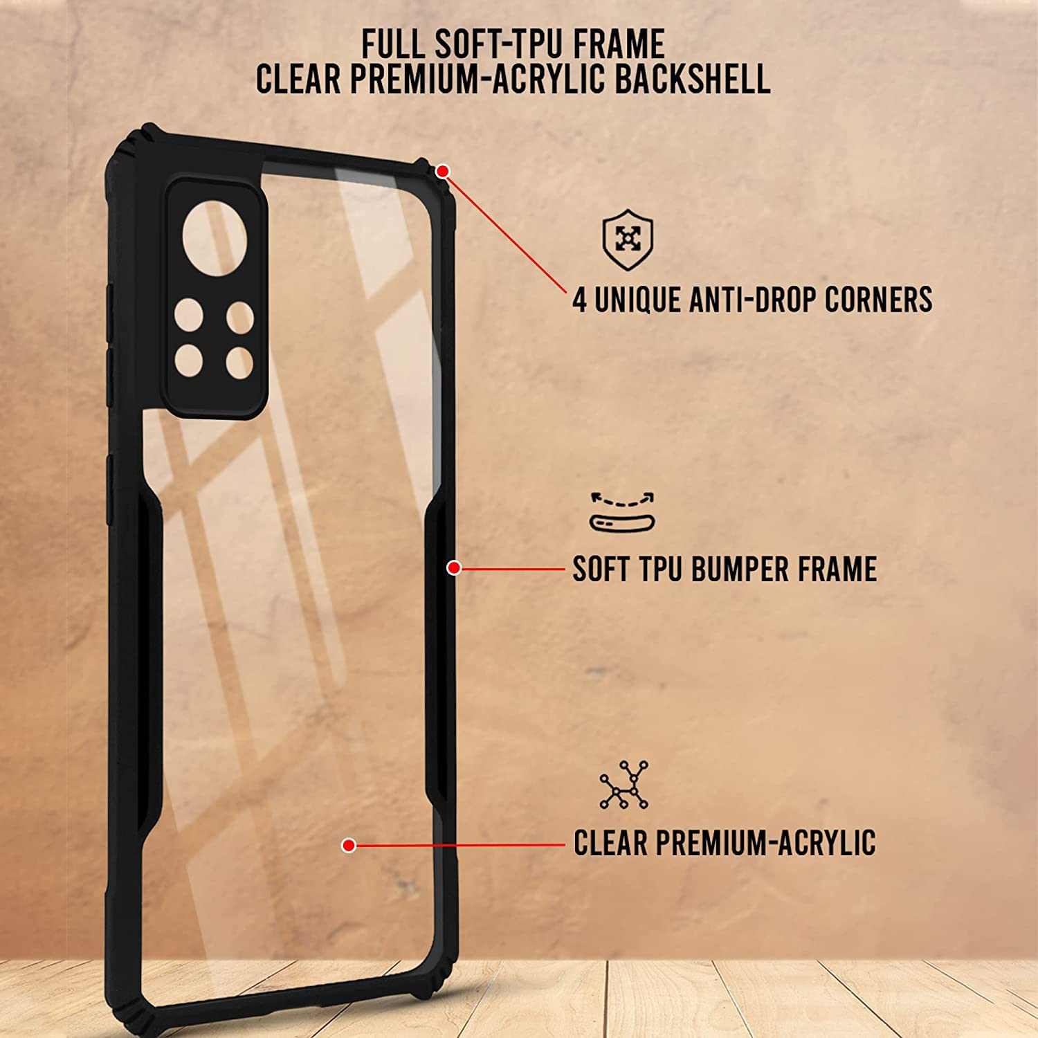 For Infinix Note 12i (2022) Back Case Cover (Shockproof with Polycarbonate Clear Panel | Professional Black)