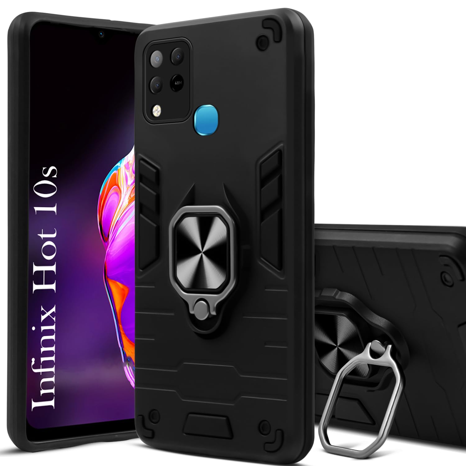 For Infinix Hot 10s Back Cover Case (Dual Layer Hybrid Armor | Ring Holder & Kickstand in-Built | 360 Degree Shockproof Protection)