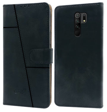 For Poco M2 Flip Cover Case (Stitched Leather Finish | Magnetic Closure | Inner TPU | Foldable Stand | Wallet Card Slots)