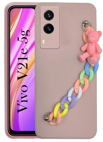 For Vivo V21e 5G Back Cover Girls Case with Bracelet (Wrist Hanging Chain | Teddy Toy Cartoon | Matte Pink)