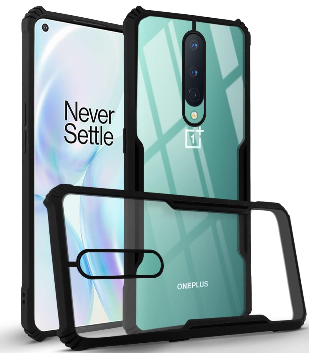 For OnePlus 8 Back Case Cover (Polycarbonate with Shockproof Clear Panel | Crystal Glass Back | Camera Protection | Black)
