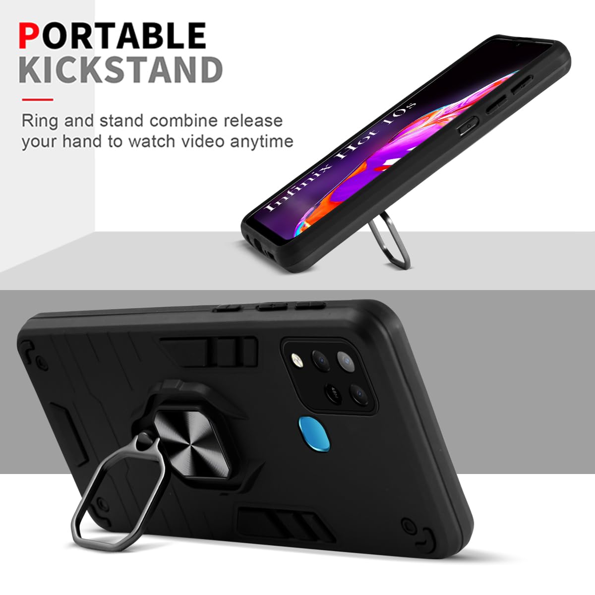 For Infinix Hot 10s Back Cover Case (Dual Layer Hybrid Armor | Ring Holder & Kickstand in-Built | 360 Degree Shockproof Protection)