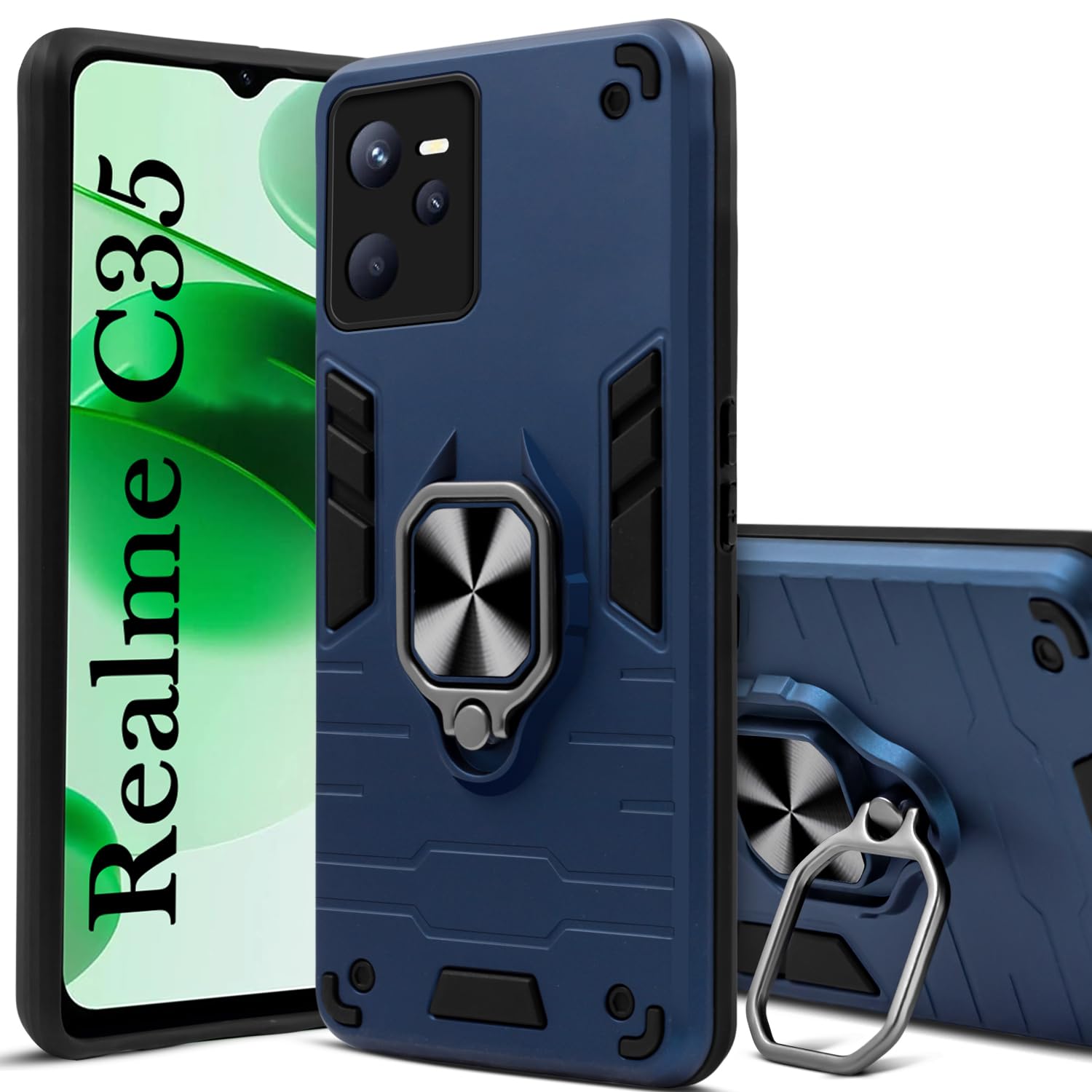 For Realme C35 Back Cover Case (Dual Layer Hybrid Armor | Ring Holder & Kickstand in-Built | 360 Degree Shockproof Protection)