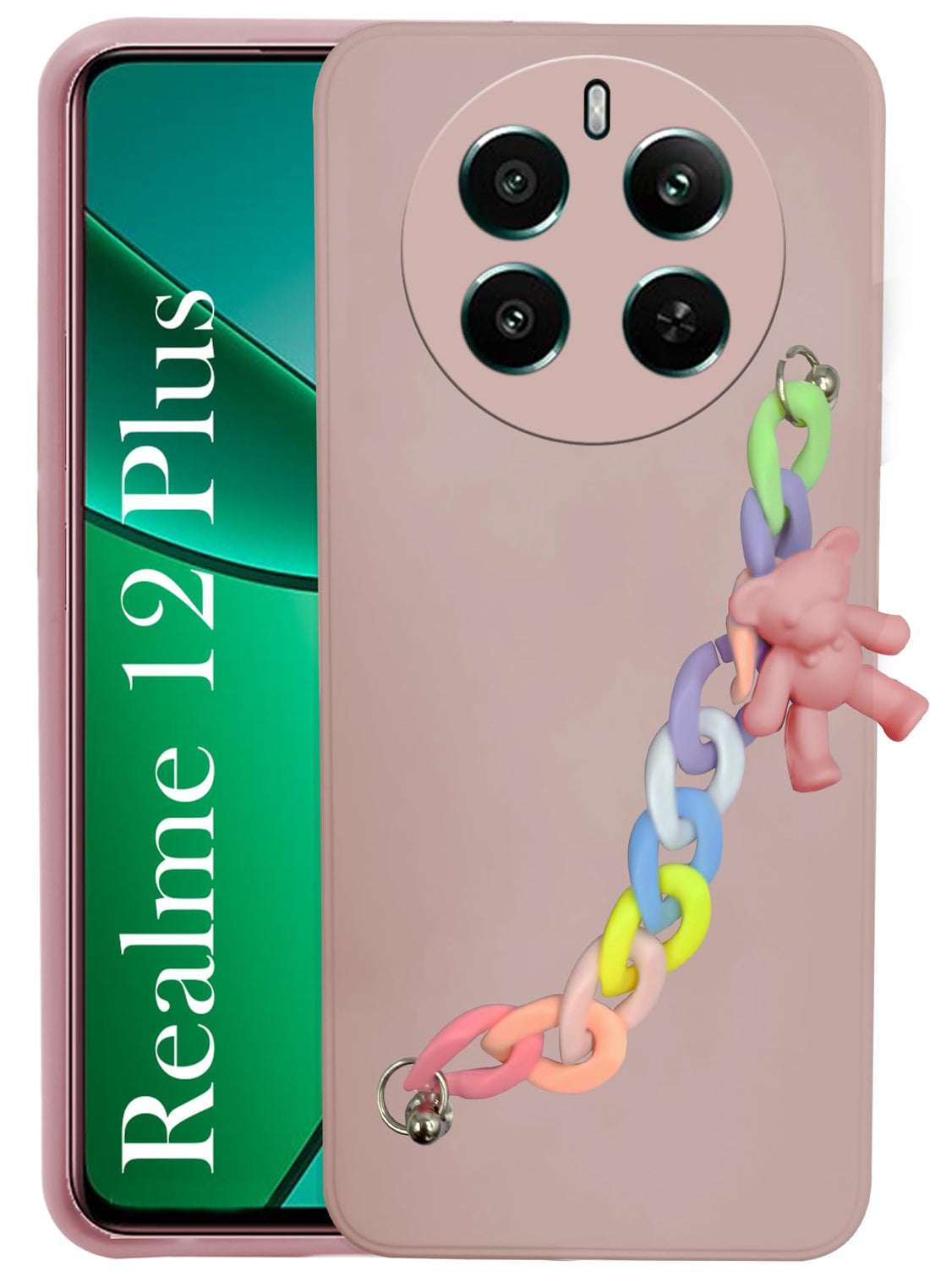 For Realme 12 Plus Back Cover for Girls Case with Bracelet (Wrist Hanging Chain | Teddy Toy Cartoon)