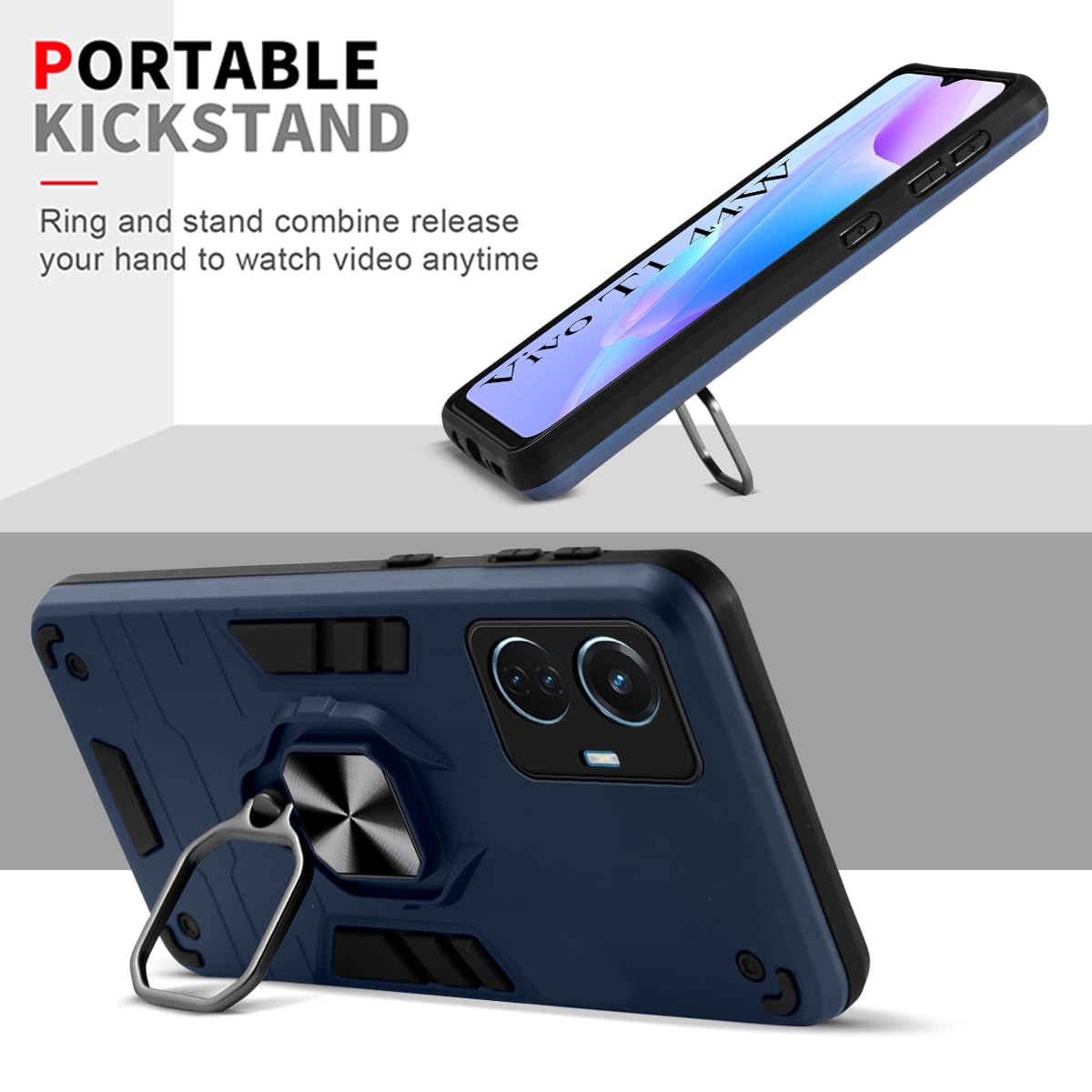 For Vivo T1 44W Back Cover Case (Dual Layer Hybrid Armor | Ring Holder & Kickstand in-Built | 360 Degree Shockproof Protection)