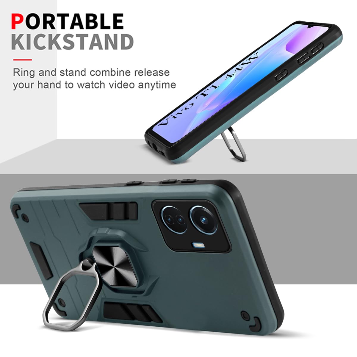 For Vivo T1 44W Back Cover Case (Dual Layer Hybrid Armor | Ring Holder & Kickstand in-Built | 360 Degree Shockproof Protection)