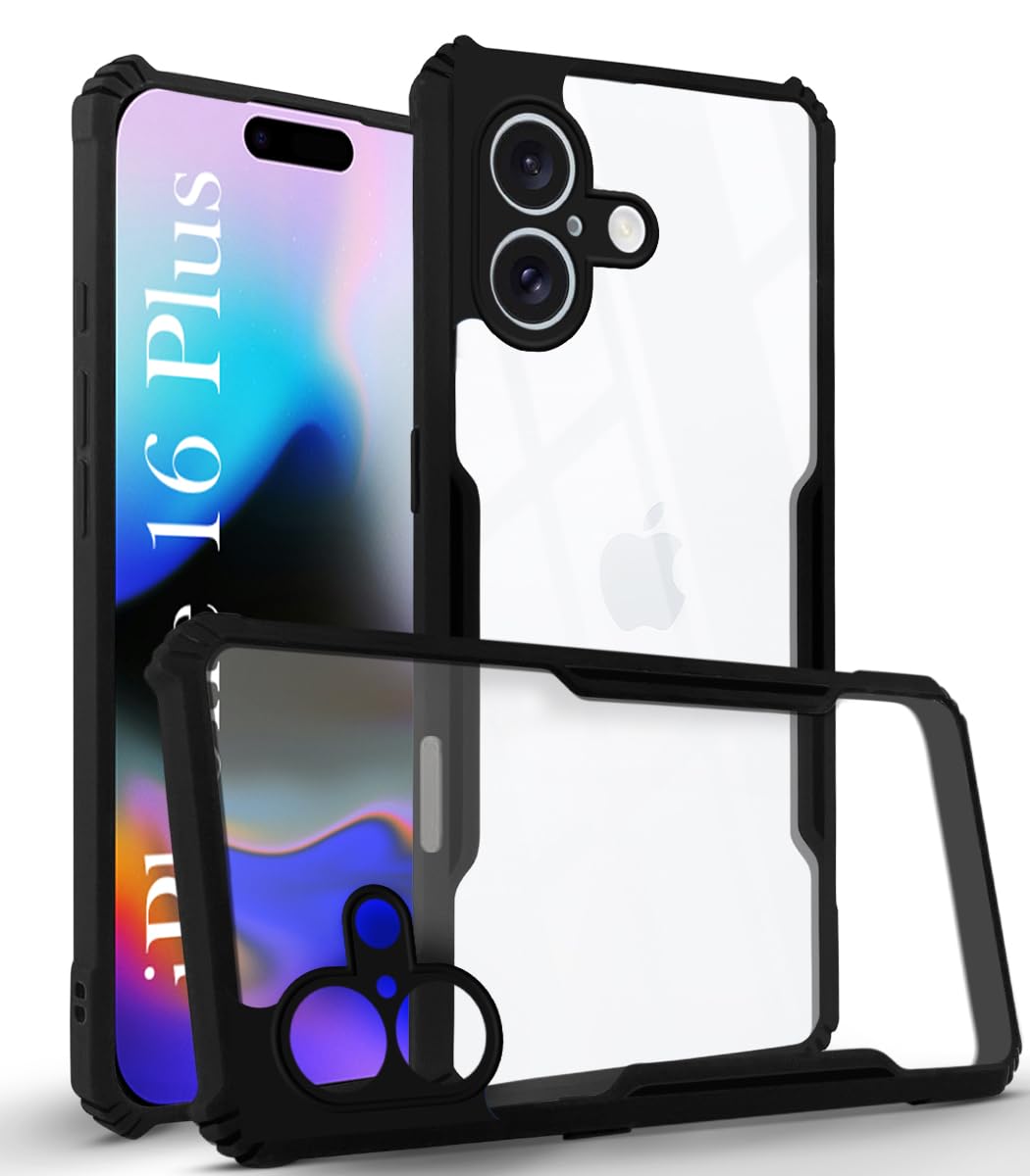 For Apple iPhone 16 Plus Back Cover Case (Polycarbonate Clear Panel with Shockproof | Black)