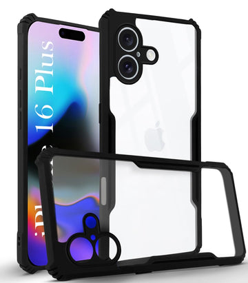 For Apple iPhone 16 Plus Back Cover Case (Polycarbonate Clear Panel with Shockproof | Black)