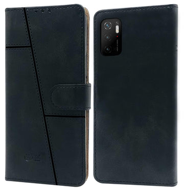 For Poco M3 Pro 5G Flip Cover Case (Stitched Leather with Magnetic Closure)