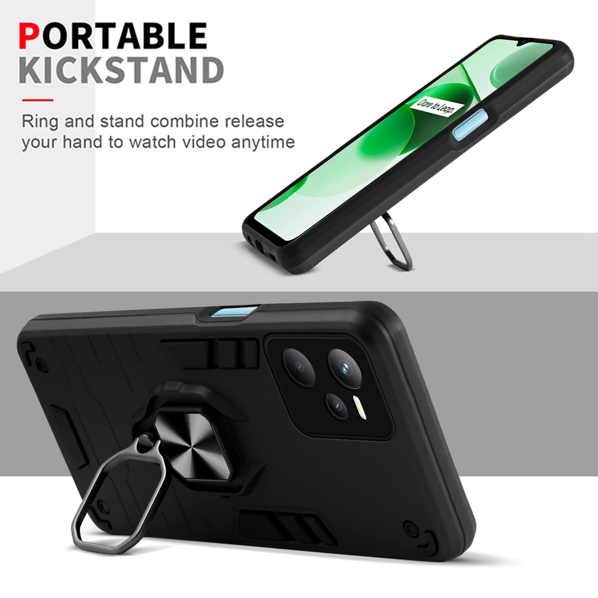 For Realme C35 Back Cover Case (Dual Layer Hybrid Armor | Ring Holder & Kickstand in-Built | 360 Degree Shockproof)