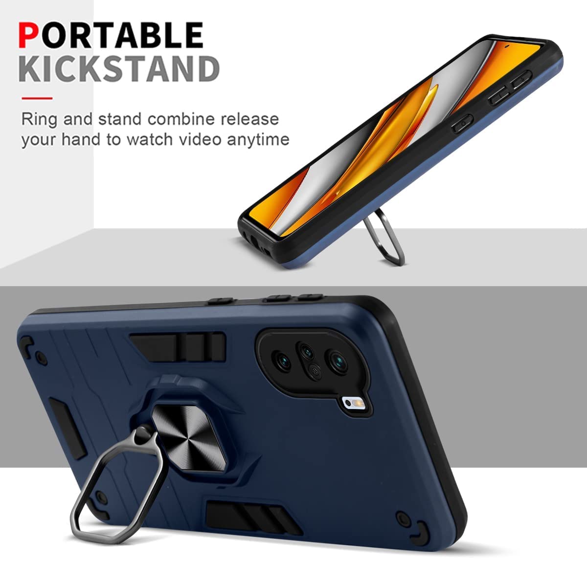 For Poco F3 Back Cover Case (Dual Layer Hybrid Armor | Ring Holder & Kickstand in-Built | 360 Degree Shockproof)