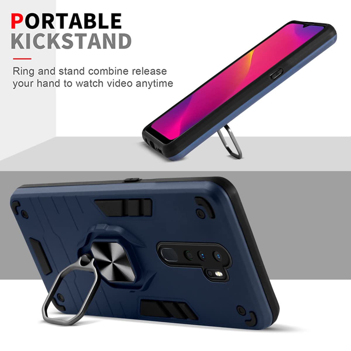 For Oppo A5 (2020) | Oppo A9 (2020) Back Cover Case (Dual Layer Hybrid Armor | Ring Holder & Kickstand in-Built | 360 Degree Shockproof Protection)