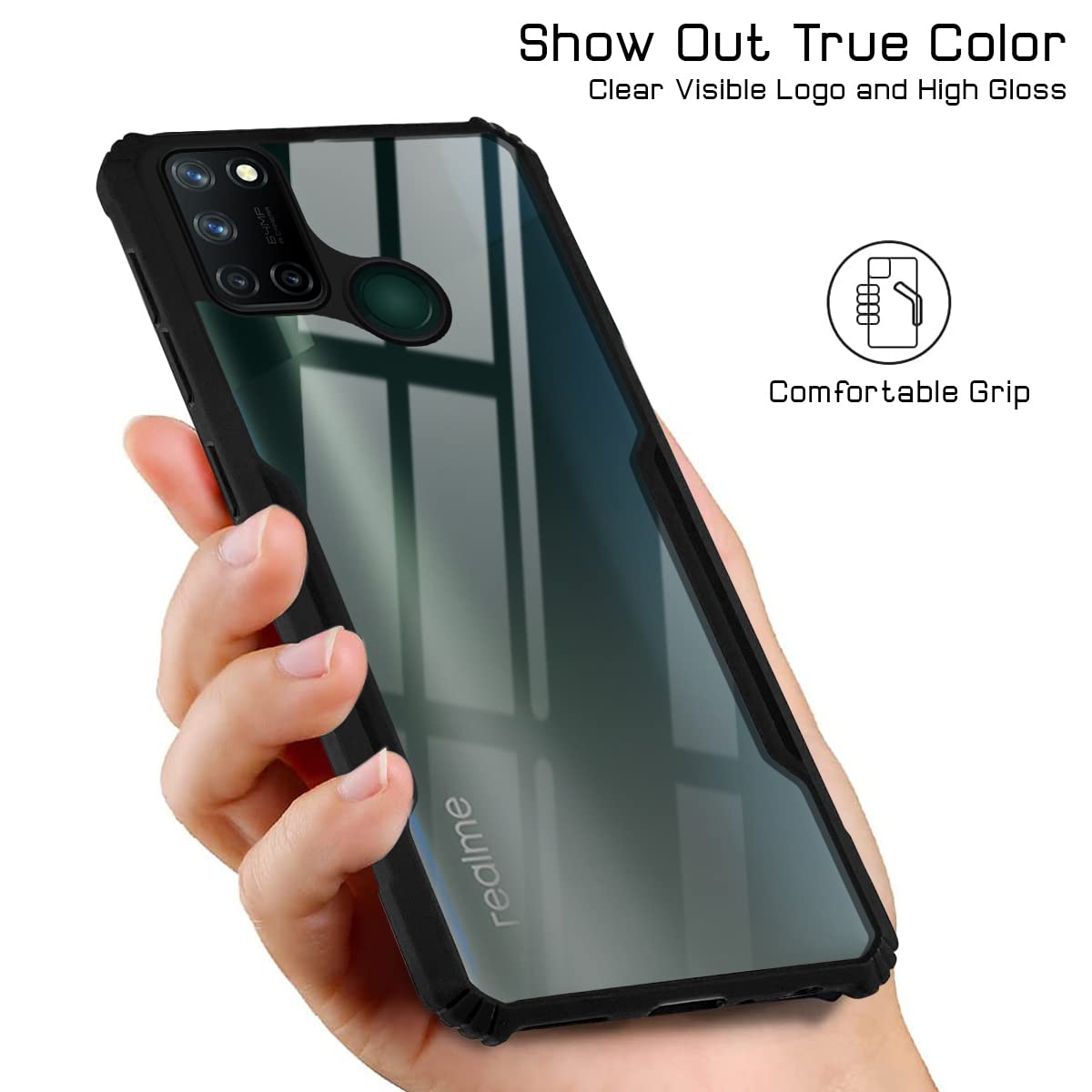 For Realme 7i Back Cover Case ( Shockproof with Polycarbonate Clear Panel | Professional Black)