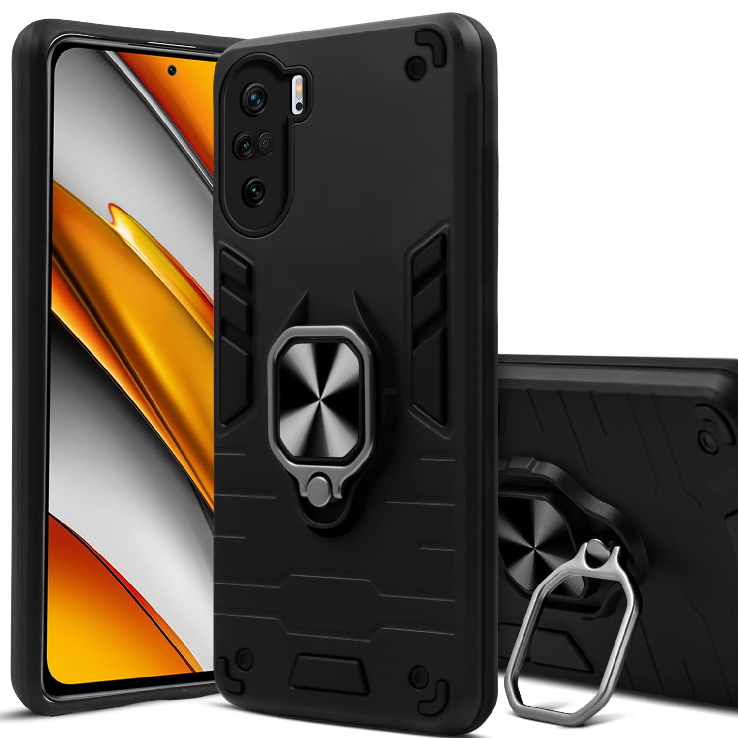 For Poco F3 Back Cover Case (Dual Layer Hybrid Armor | Ring Holder & Kickstand in-Built | 360 Degree Shockproof)
