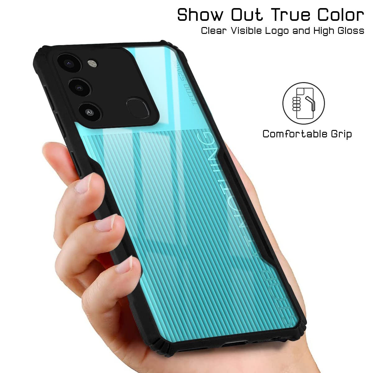For Tecno Spark 9 Back Cover Case (Crystal Glass Back | Camera Protection | Shockproof Bumpers)
