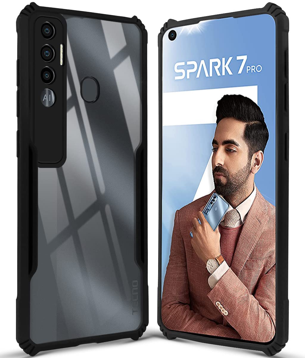 For Tecno Spark 7 Pro Back Case Cover (Crystal Glass Back | Camera Protection | Shockproof | Professional Black)