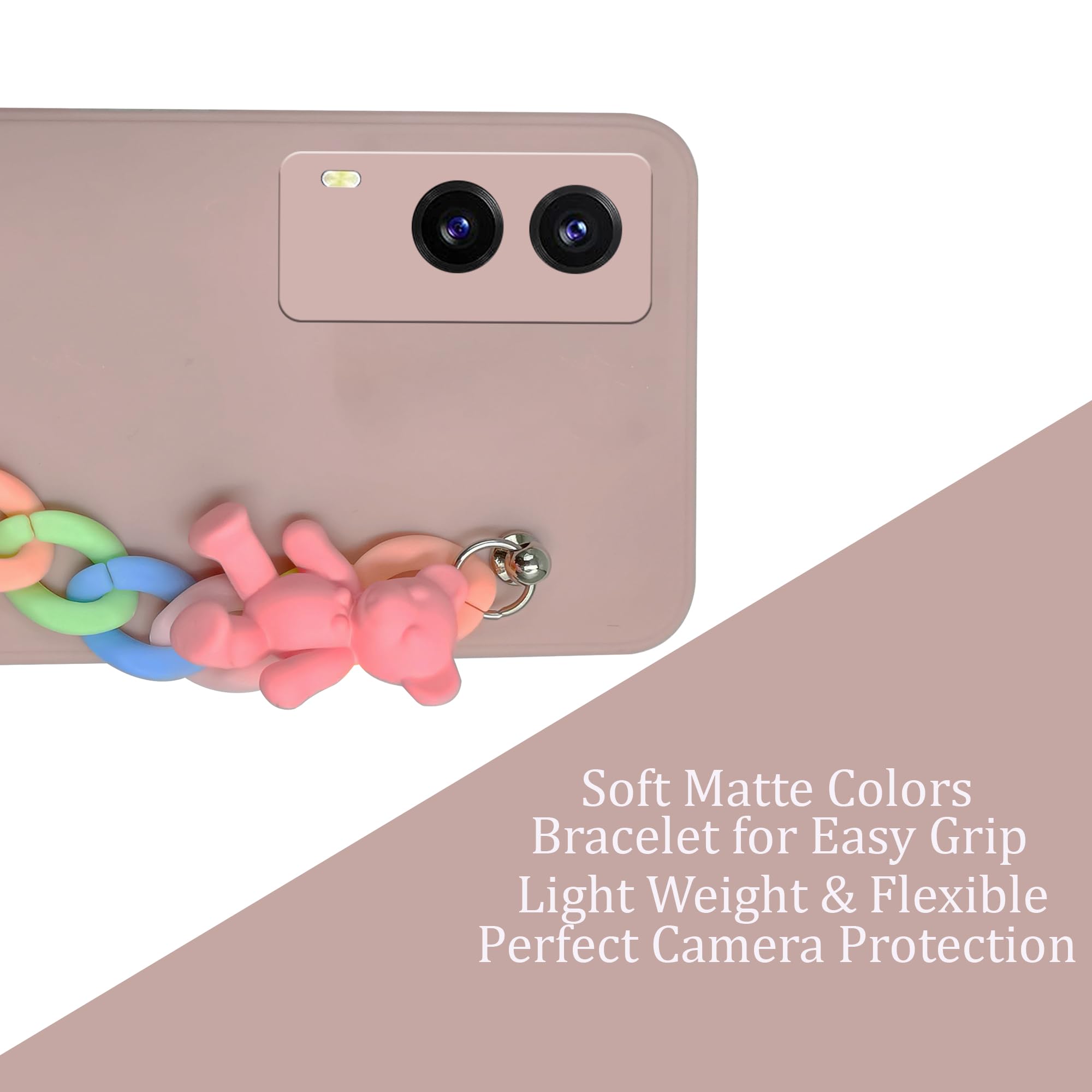 For Vivo V21e 5G Back Cover Girls Case with Bracelet (Wrist Hanging Chain | Teddy Toy Cartoon | Matte Pink)