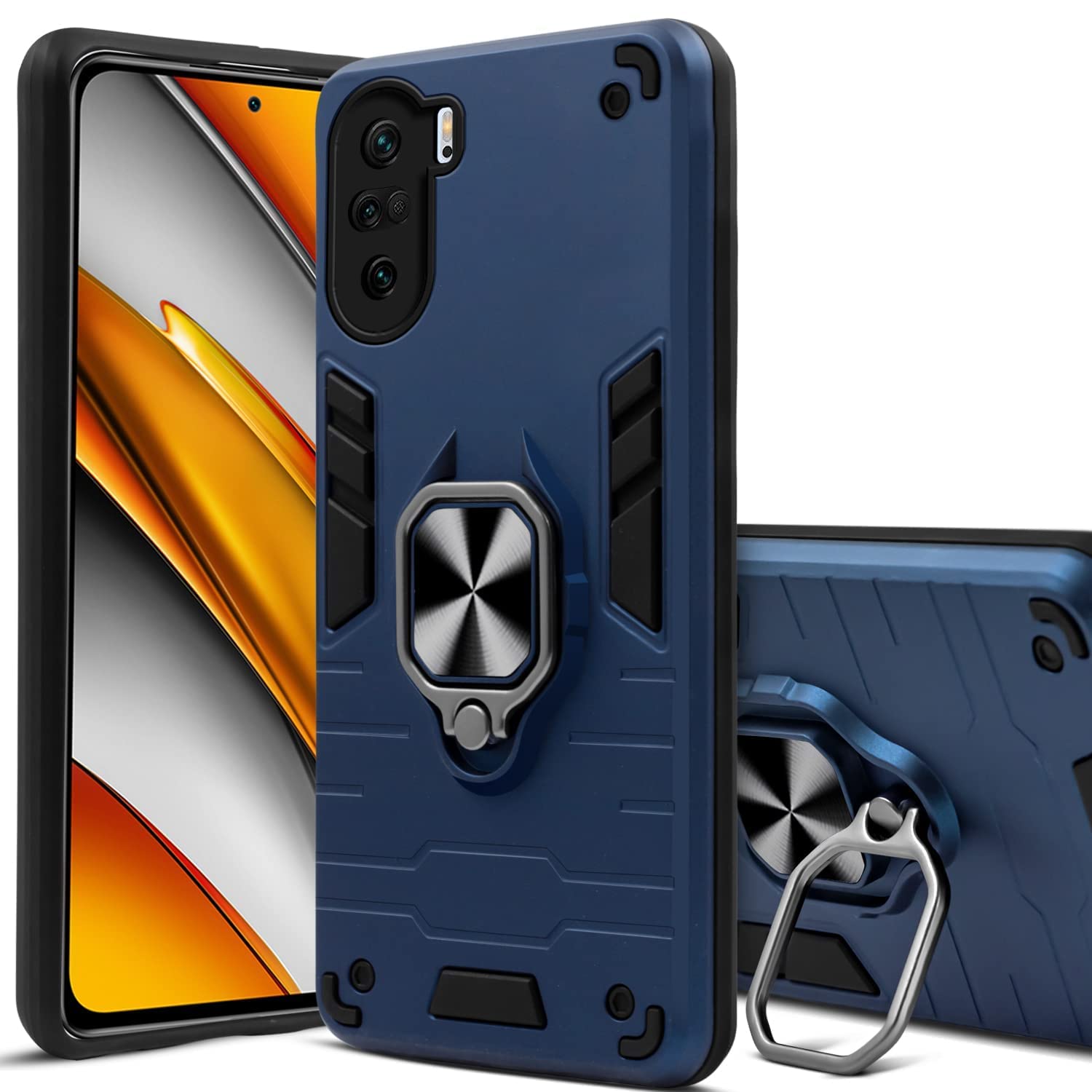 For Poco F3 Back Cover Case (Dual Layer Hybrid Armor | Ring Holder & Kickstand in-Built | 360 Degree Shockproof)