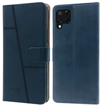 For Realme C15 Flip Cover Case (Stitched Leather Finish | Magnetic Closure | Inner TPU | Foldable Stand | Wallet Card Slots)