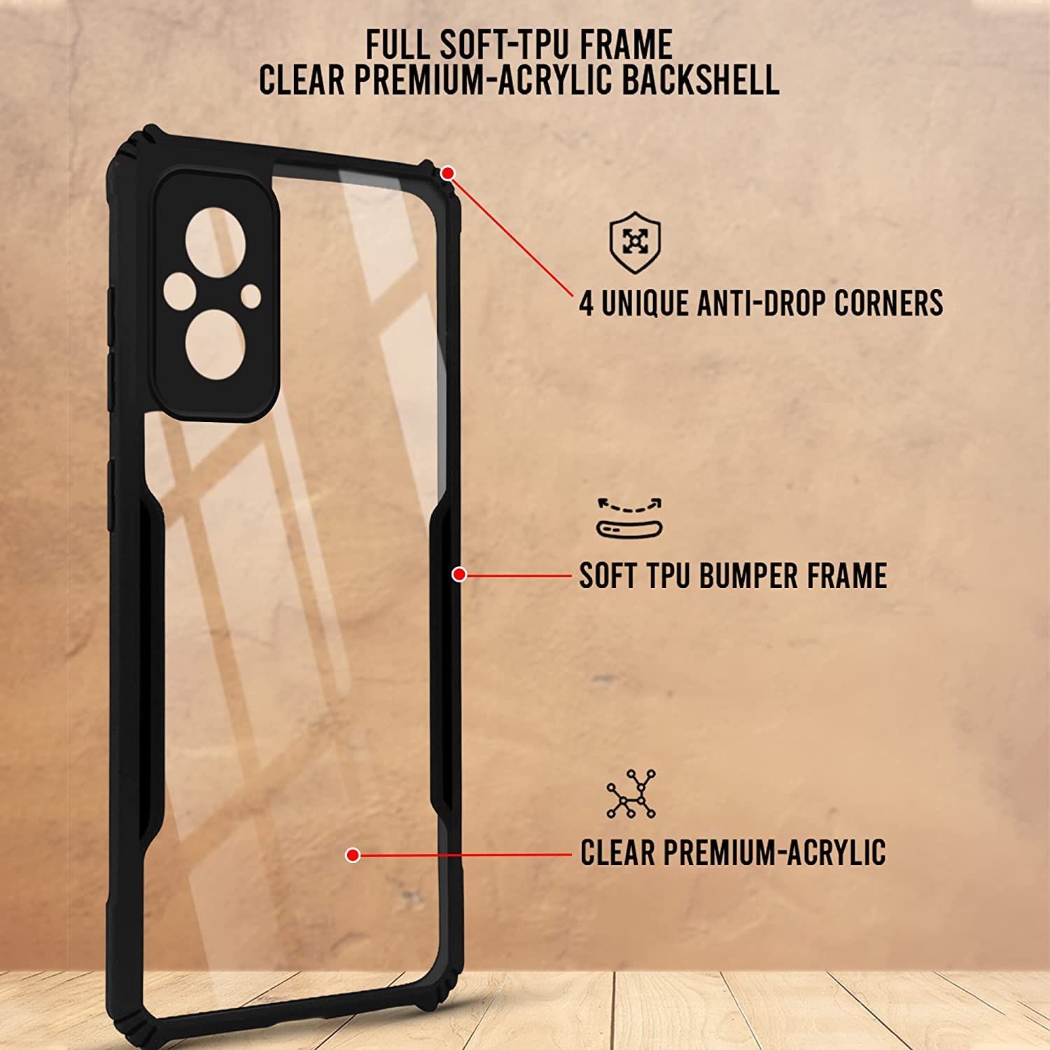 For Xiaomi Redmi 11 Prime Back Cover Case (Crystal Glass Back | Shockproof Bumpers | Professional Black)