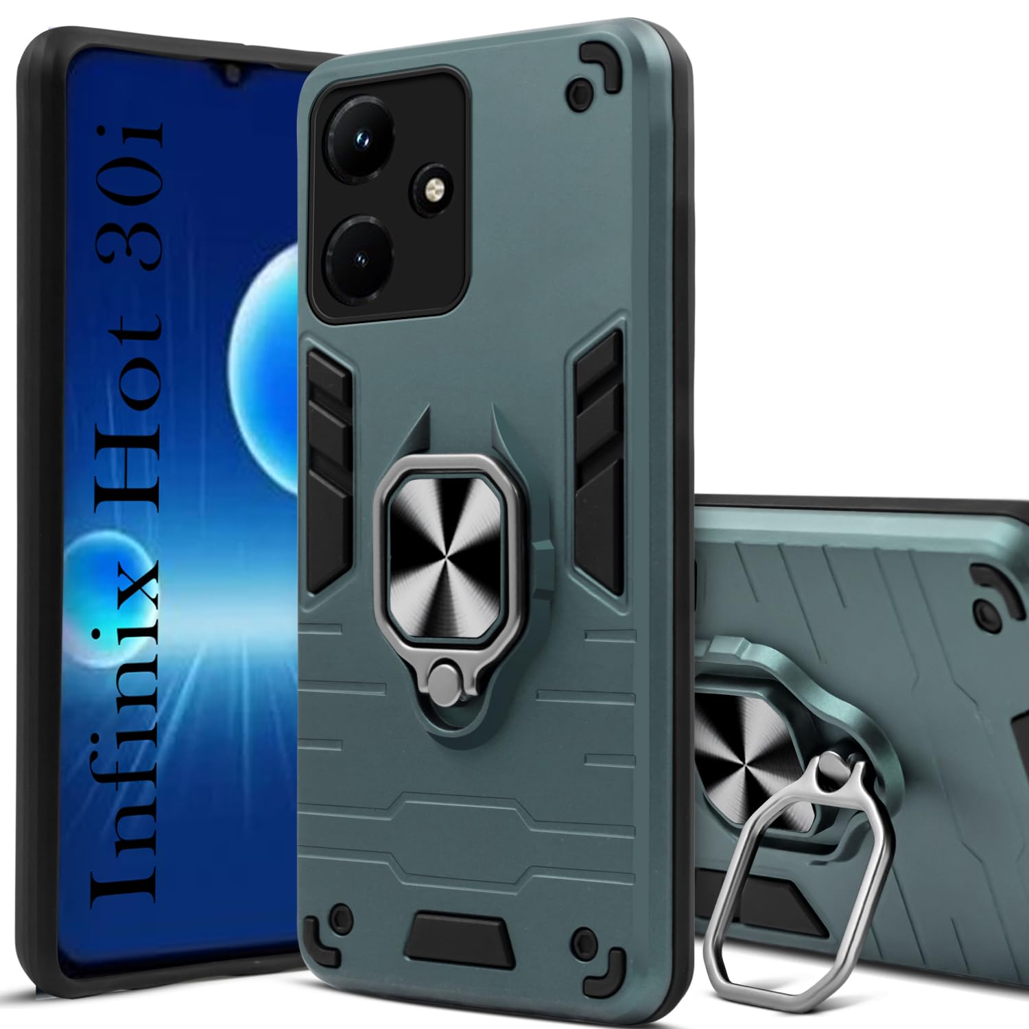 For Infinix Hot 30i Back Cover Case (Shockproof Dual Layer Polycarbonate |Ring Holder Kickstand)
