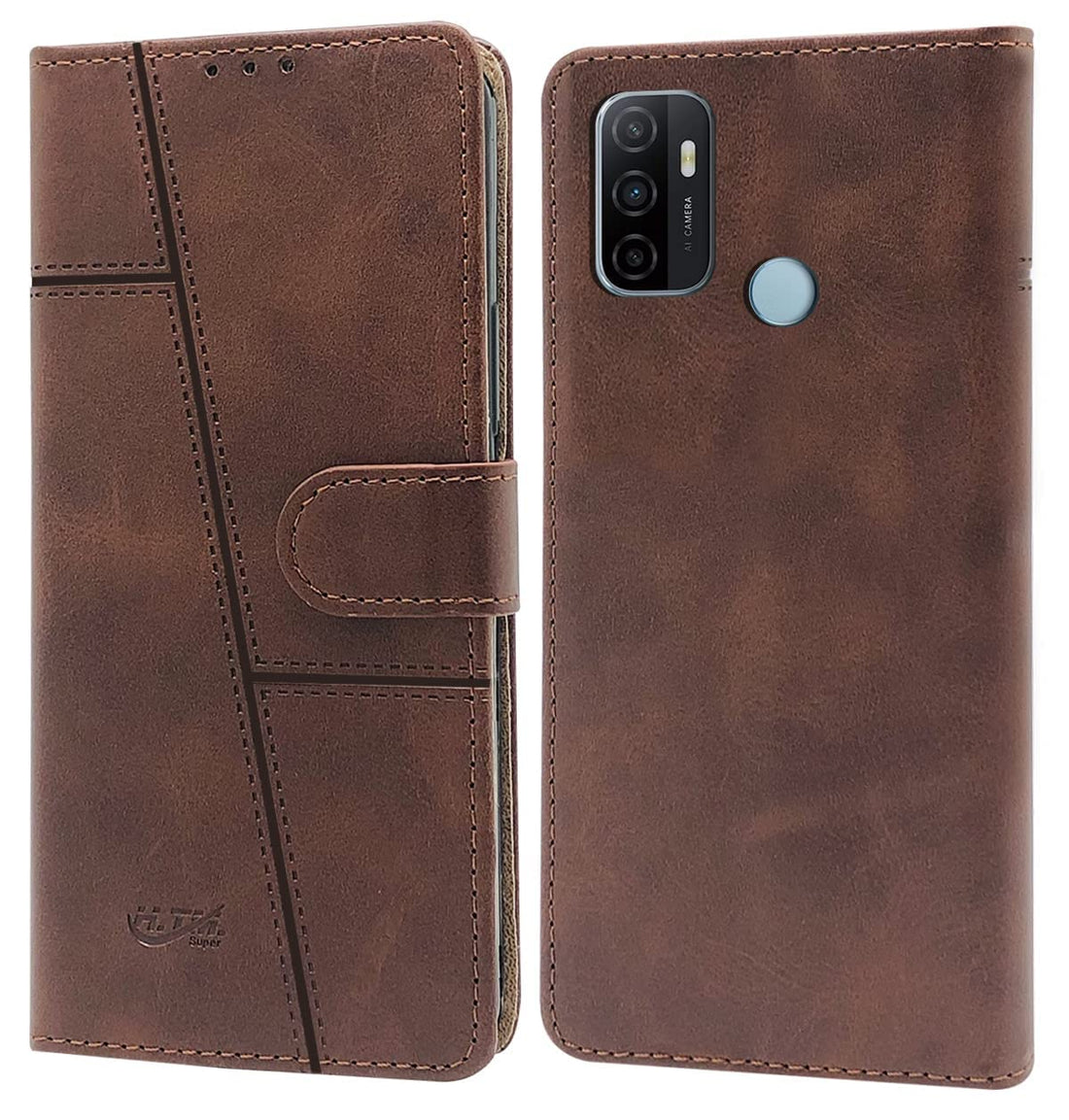 For Oppo A32 Flip Cover Case  (Stitched Leather Finish | Magnetic Closure | Inner TPU | Foldable Stand | Wallet Card Slots)