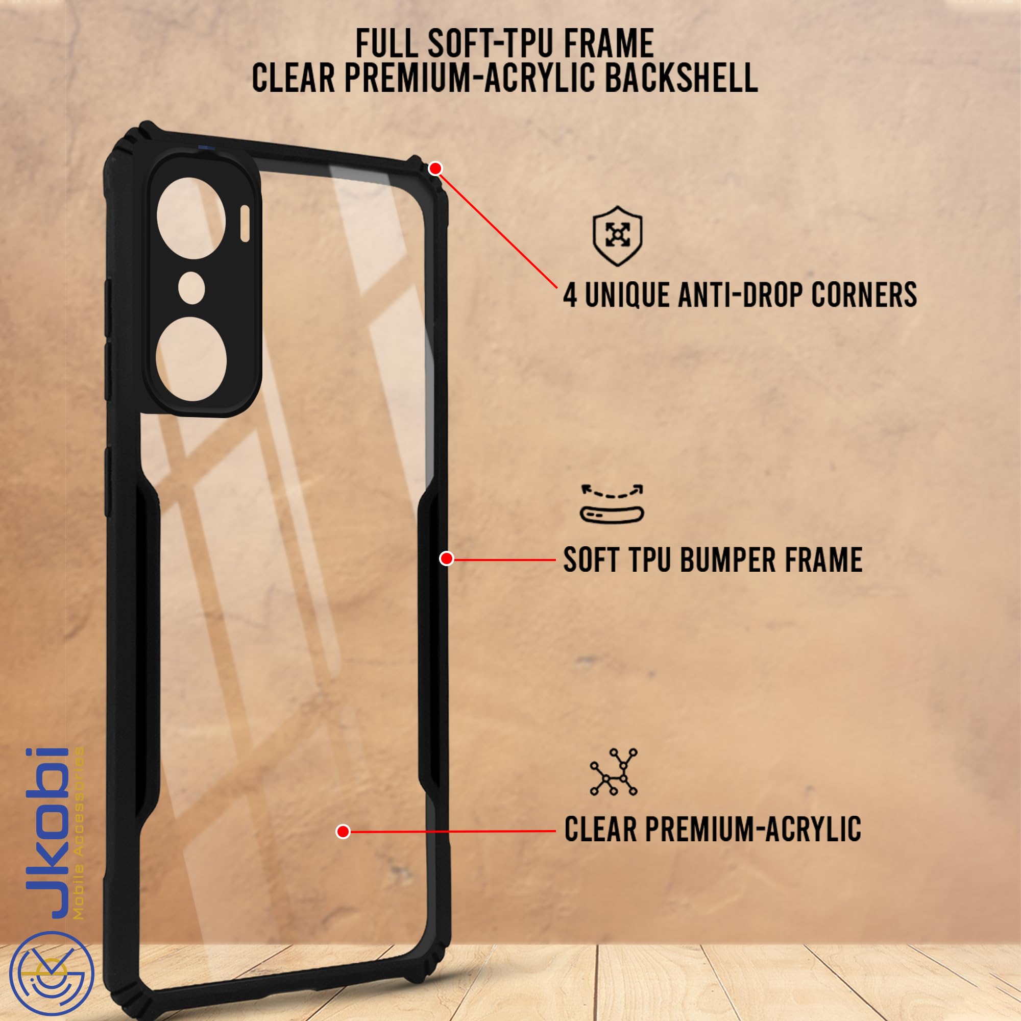 For Infinix Hot 12 Pro Back Cover Case (Shockproof with Polycarbonate Clear Panel | Professional Black)