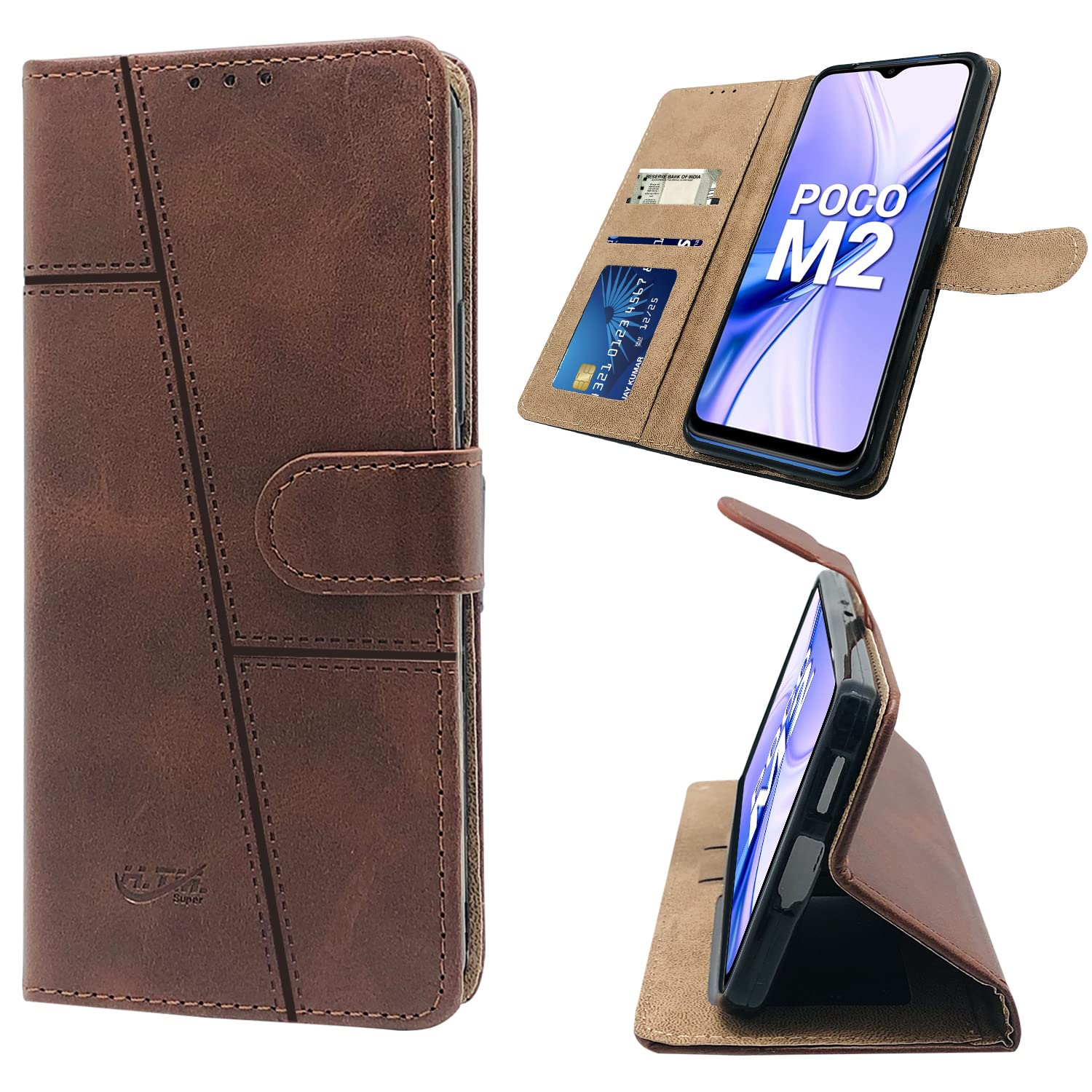 For Poco M2 Flip Cover Case (Stitched Leather Finish | Magnetic Closure | Inner TPU | Foldable Stand | Wallet Card Slots)