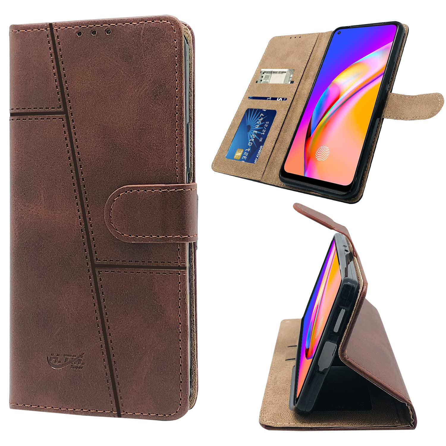 For Oppo Reno5 Lite | Reno 5 Lite Flip Cover Case (Stitched Leather Finish | Magnetic Closure | Inner TPU | Foldable Stand | Wallet Card Slots)