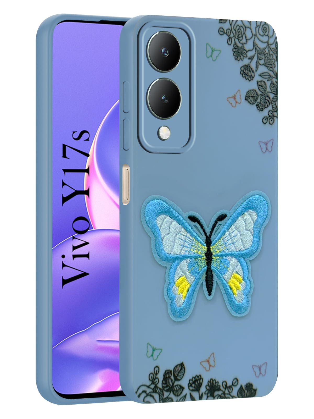 For Vivo Y17s Back Cover Case (Soft Butterfly Embroidery | Women Teen Girls | Camera Protection| Matte Silicone)