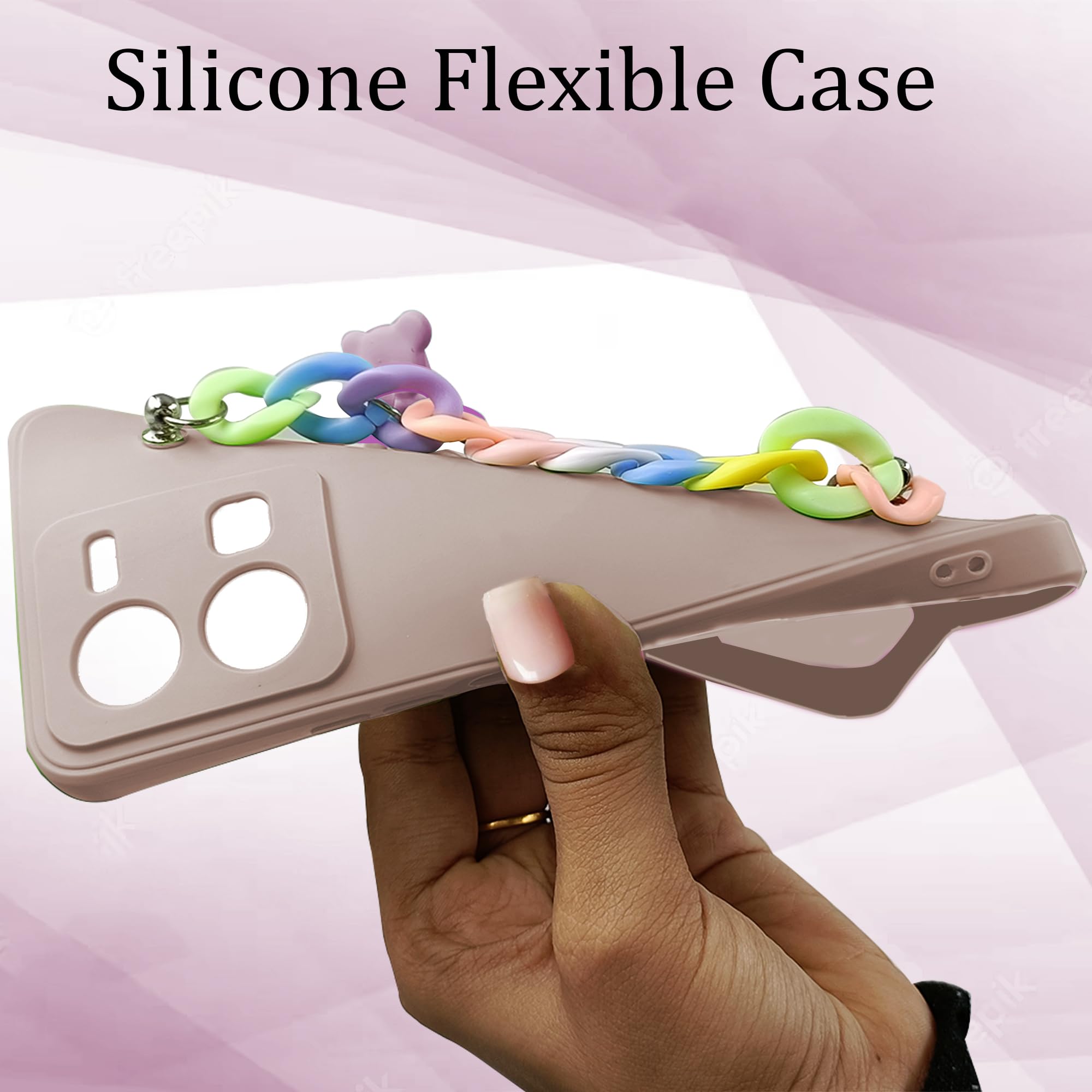 For Vivo V21e 5G Back Cover Girls Case with Bracelet (Wrist Hanging Chain | Teddy Toy Cartoon | Matte Pink)