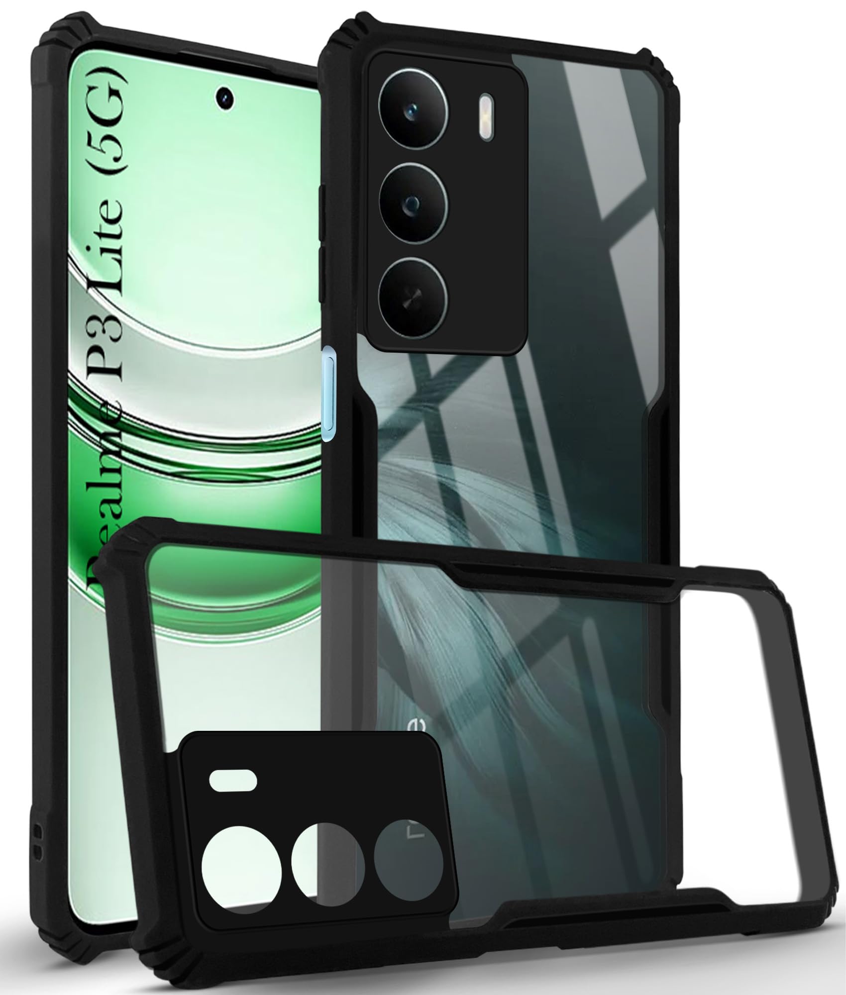 For Realme P3 Lite Hybrid Back Cover Case (Shockproof with Polycarbonate Clear Panel | Professional Black)