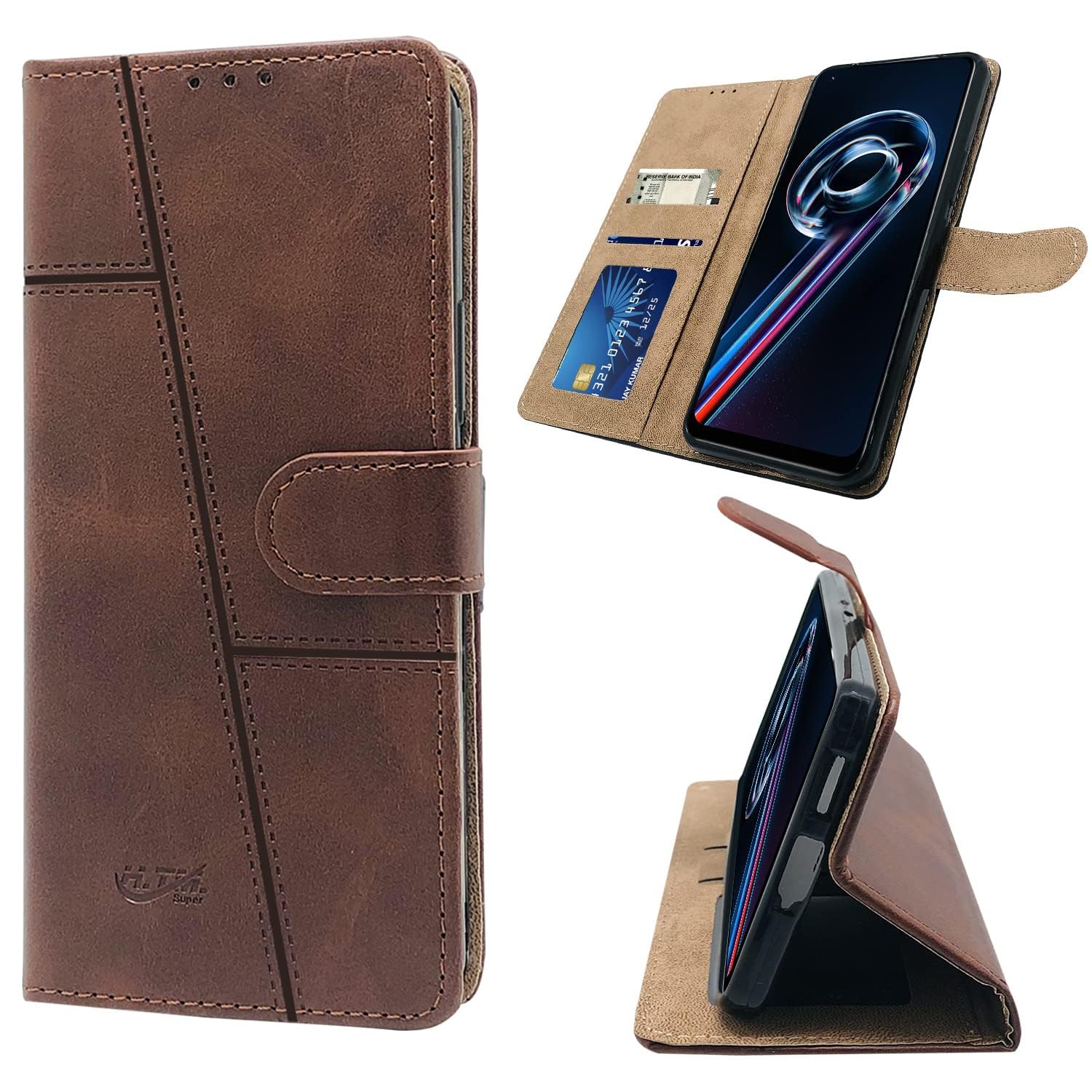 For Realme 9 Pro Flip Cover Case (Stitched Leather Finish | Magnetic Closure | Inner TPU | Foldable Stand | Wallet Card Slots)