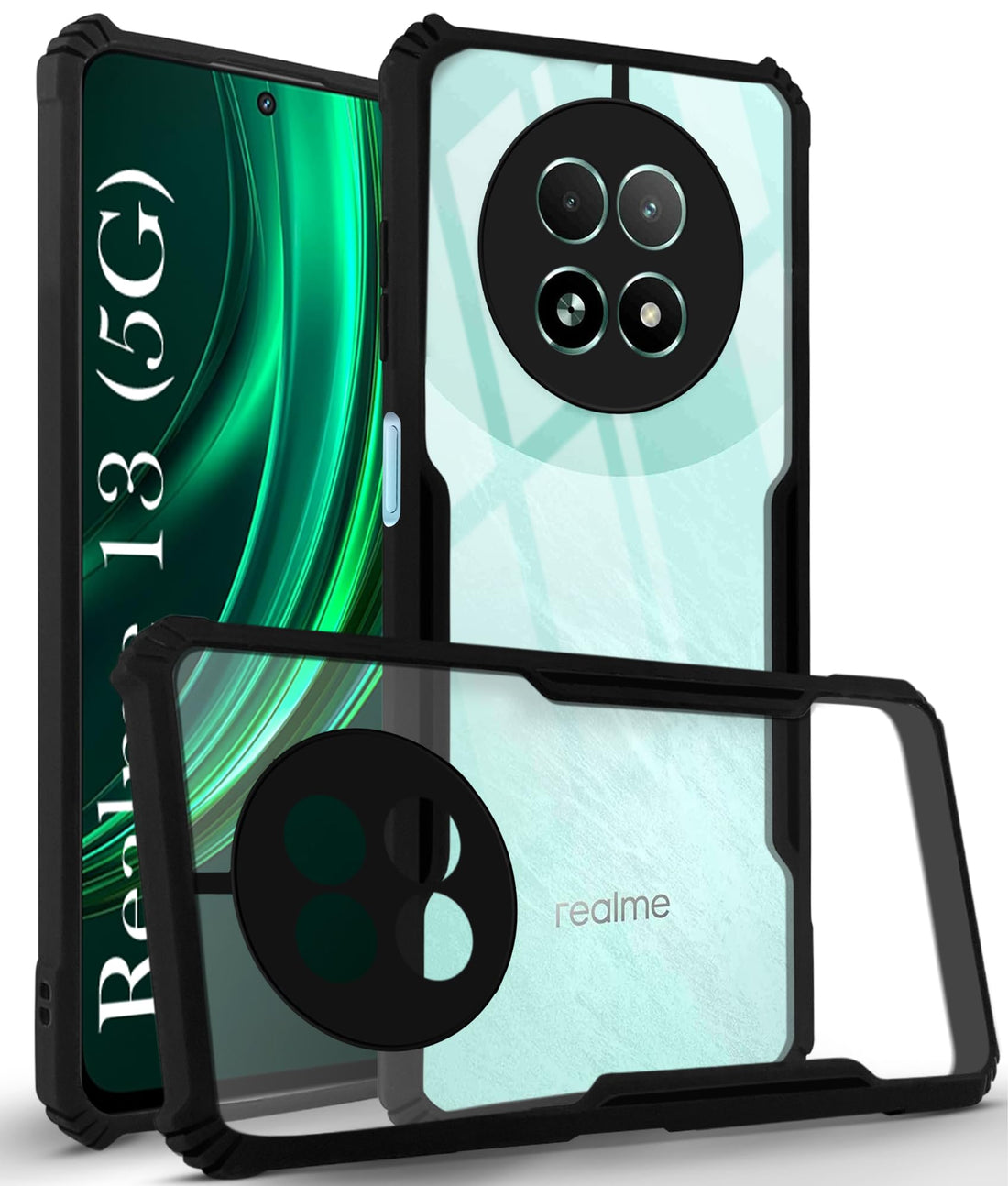 For Realme 13 Back Cover Case ( Shockproof with Polycarbonate Clear Panel | Professional Black)