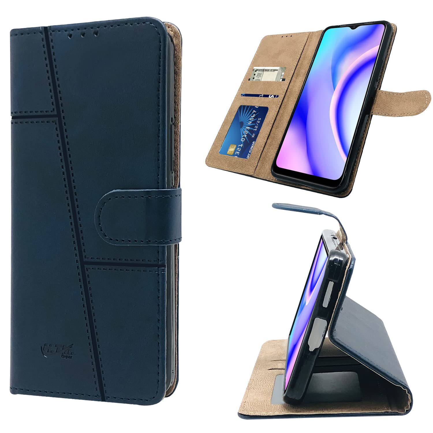 For Realme C15 Flip Cover Case (Stitched Leather Finish | Magnetic Closure | Inner TPU | Foldable Stand | Wallet Card Slots)