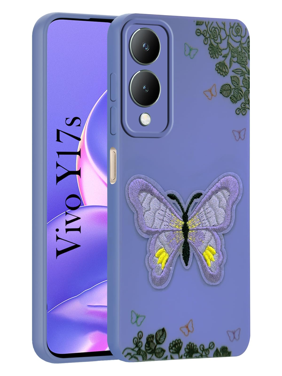 For Vivo Y17s Back Cover Case (Soft Butterfly Embroidery | Women Teen Girls | Camera Protection| Matte Silicone)