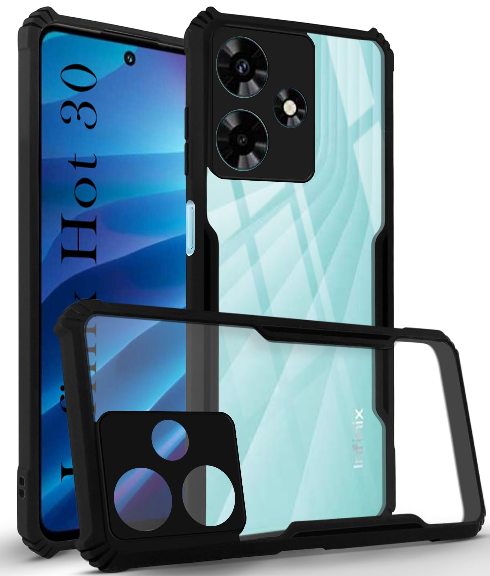 For Infinix Hot 30 Back Cover Case Hybrid (Shockproof with Polycarbonate Clear Panel | Professional Black)