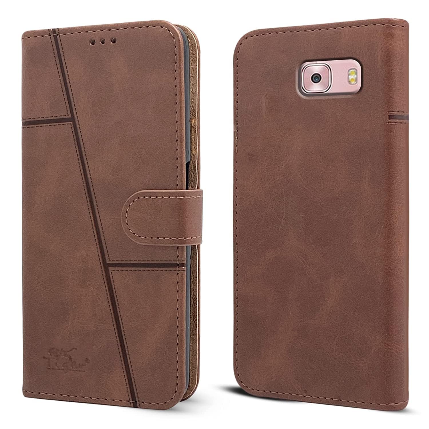 For Samsung Galaxy C9 Pro Flip Cover Case (Stitched Leather Magnetic  Closure Inner TPU Foldable Stand Wallet Card Slots Black) Stitch 