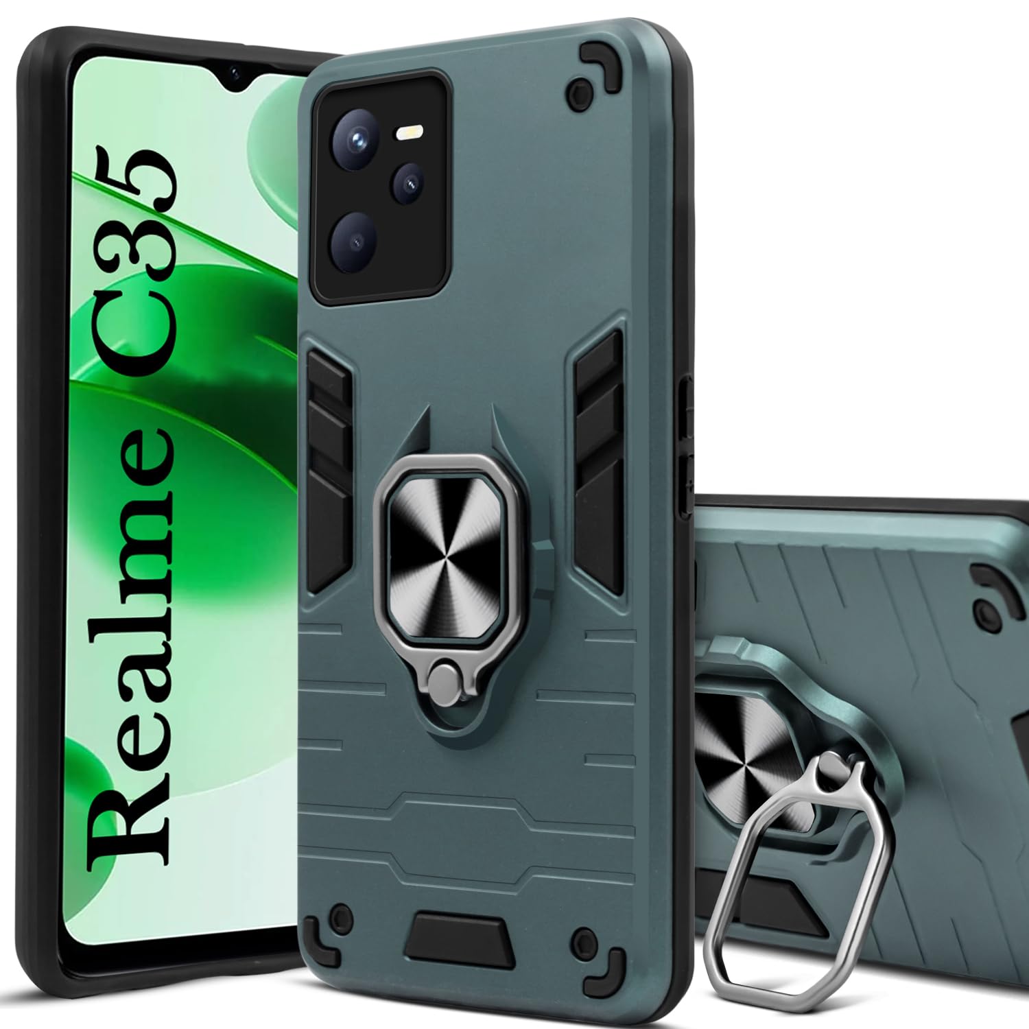 For Realme C35 Back Cover Case (Dual Layer Hybrid Armor | Ring Holder & Kickstand in-Built | 360 Degree Shockproof Protection)