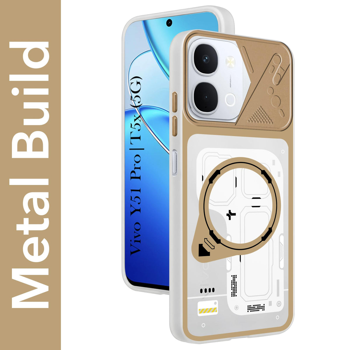 For Vivo Y51 Pro 5G | Vivo T5x Metallic Back Cover Case (Metallic Camera Protection & Buttons | Translucent Milky Shade | Hard Polycarbonate)