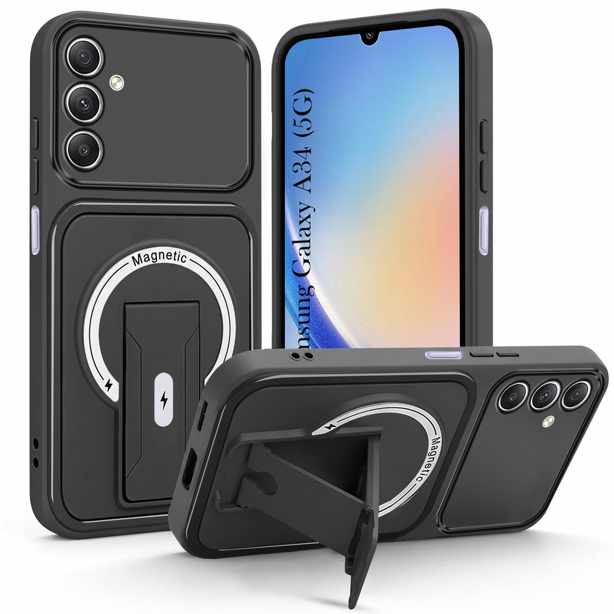 For Samsung Galaxy A34 5G Back Case Cover Metallic (Hybrid Armor Kickstand | MagSafe Compatible | Camera Protection Shockproof)
