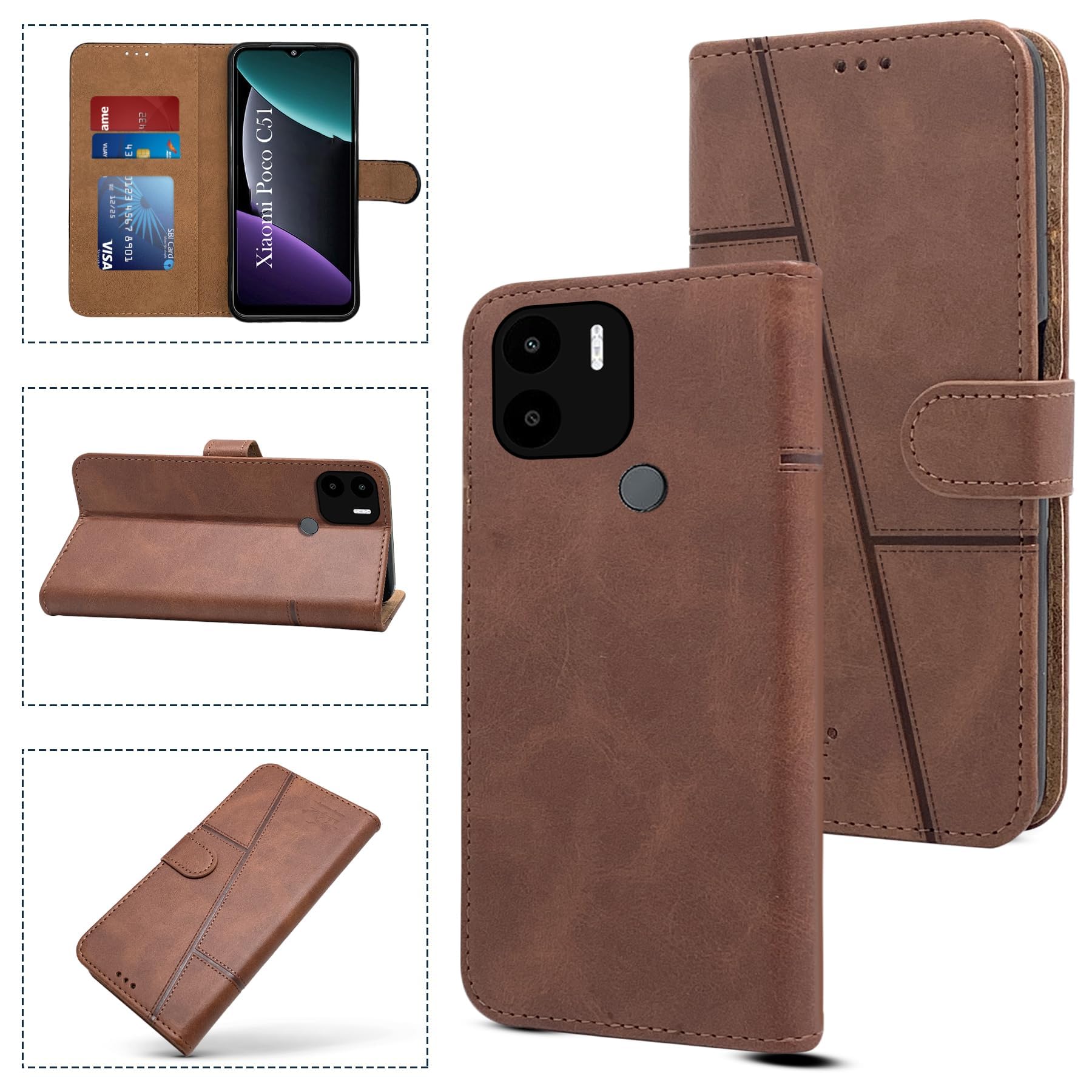 For Xiaomi Poco C51 Flip Cover Case (Stitched Leather with Magnetic Closure)