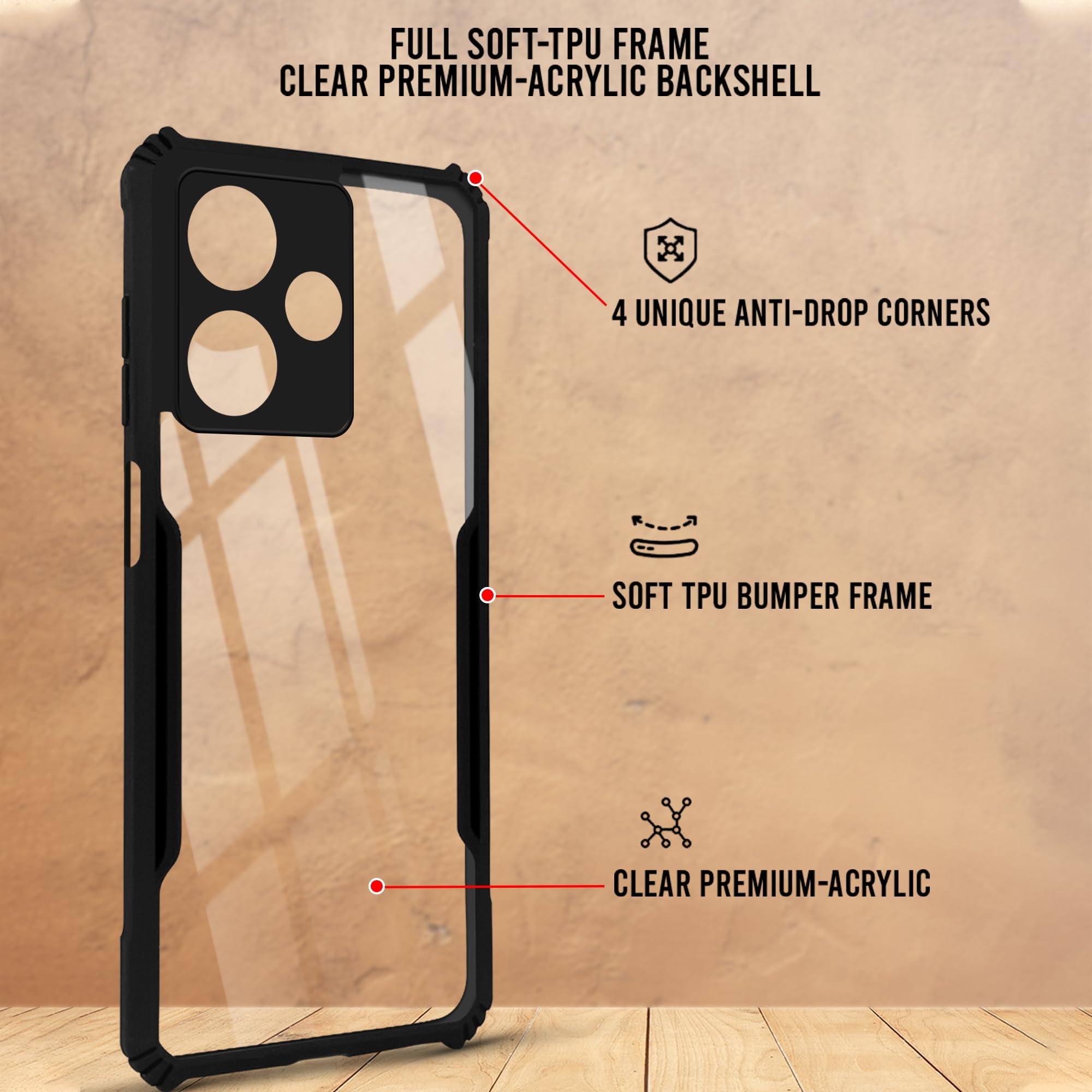 For Infinix Hot 30 Back Cover Case Hybrid (Shockproof with Polycarbonate Clear Panel | Professional Black)