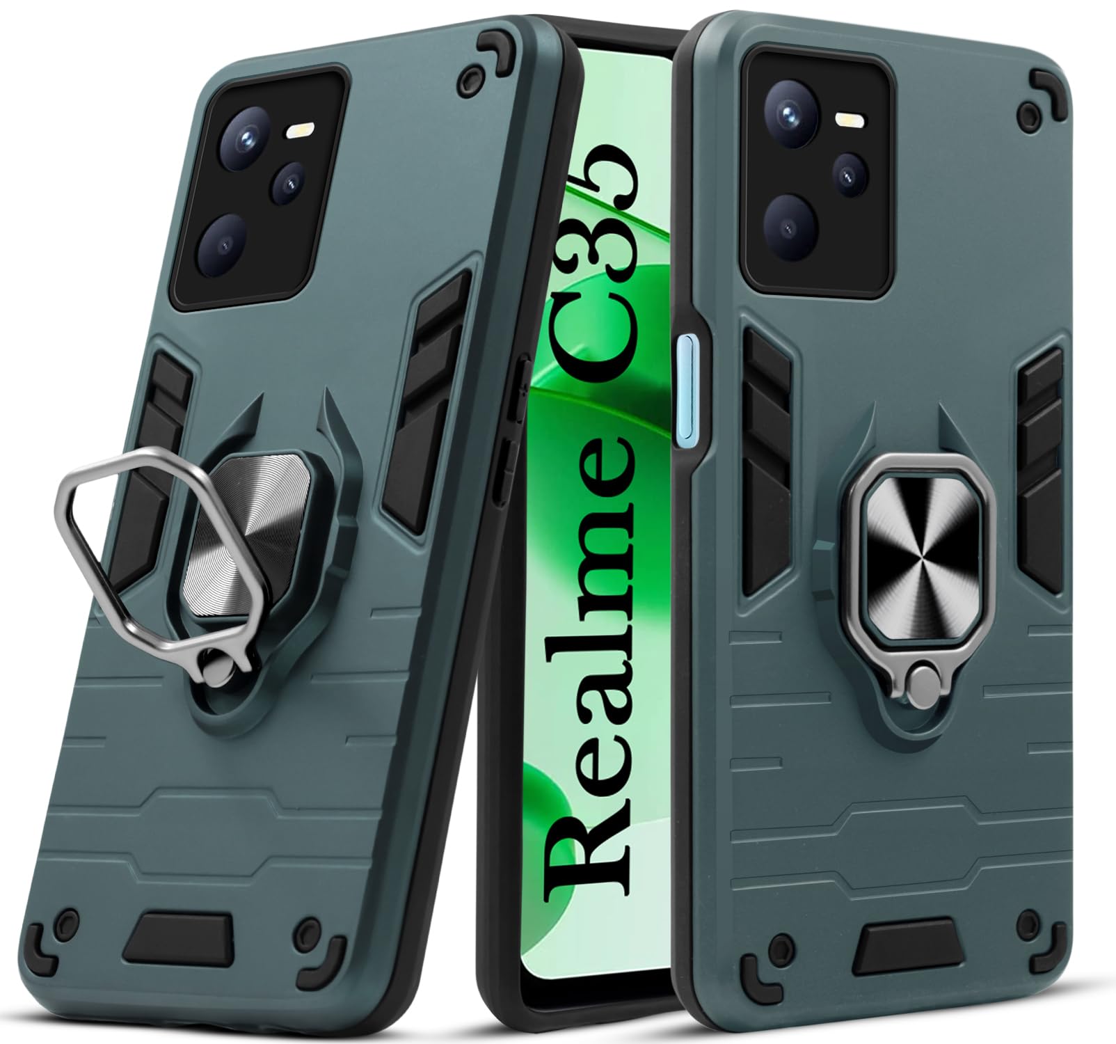 For Realme C35 Back Cover Case (Dual Layer Hybrid Armor | Ring Holder & Kickstand in-Built | 360 Degree Shockproof Protection)