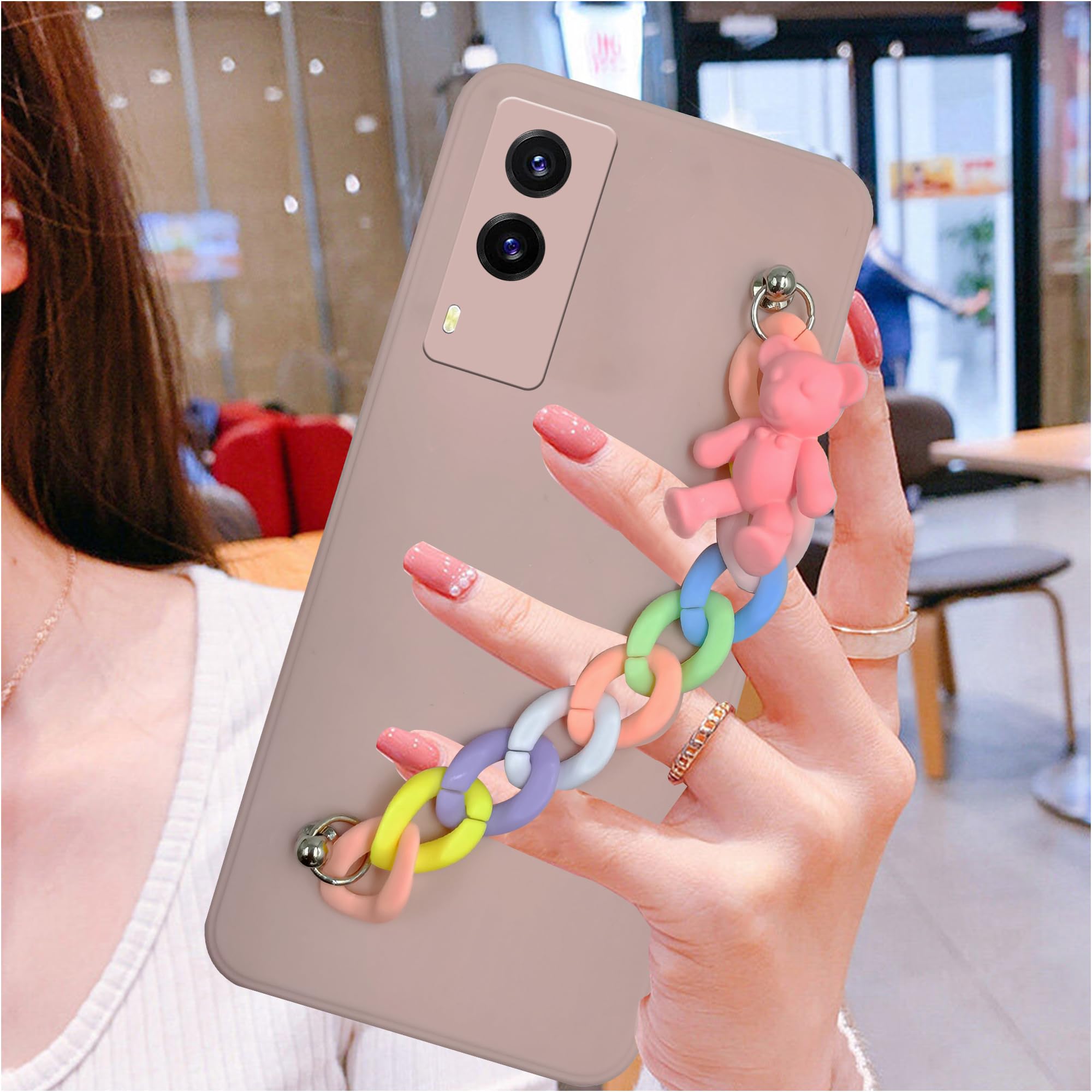 For Vivo V21e 5G Back Cover Girls Case with Bracelet (Wrist Hanging Chain | Teddy Toy Cartoon | Matte Pink)