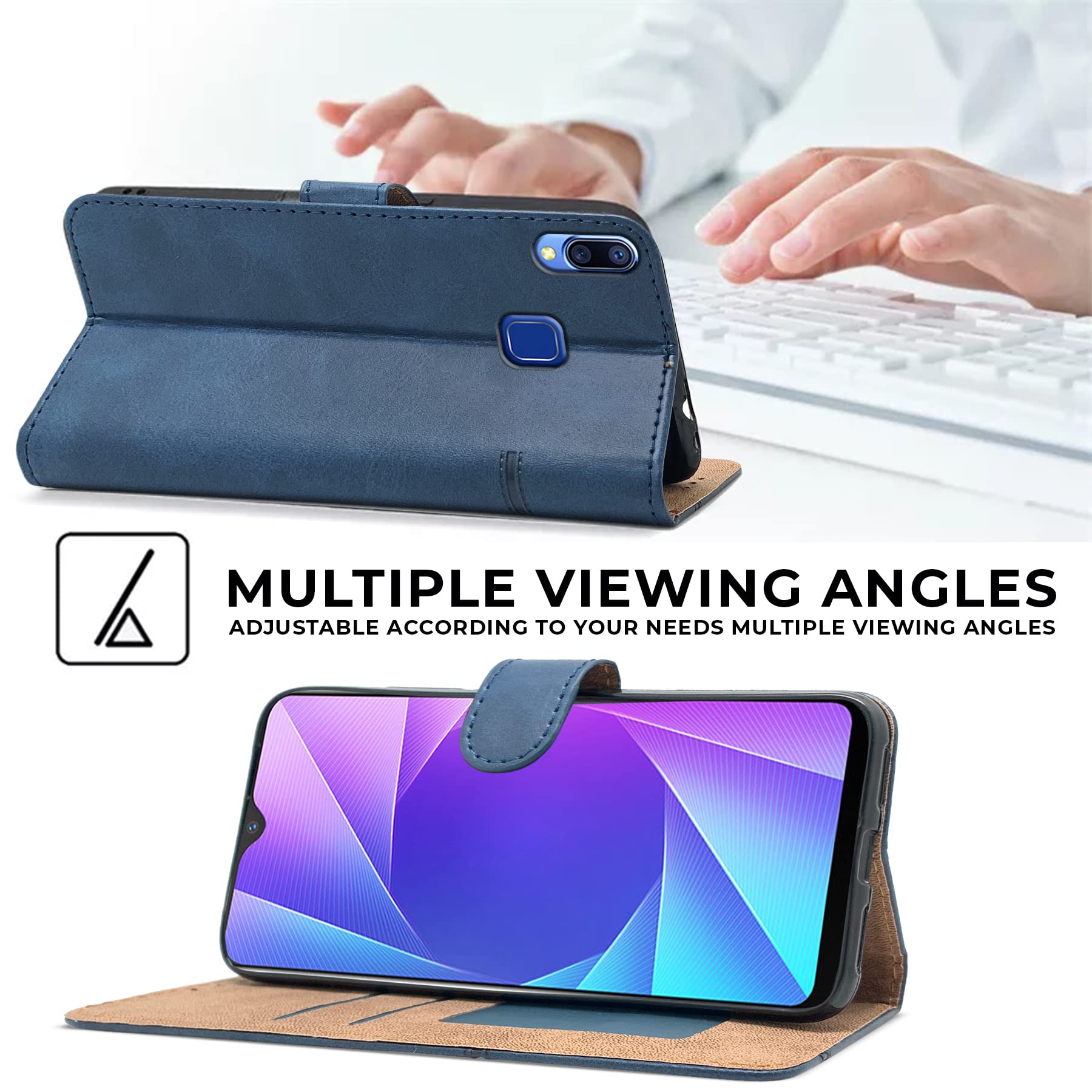 For Vivo Y95 | Vivo Y93 | Vivo Y91 Flip Cover Case (Stitched Leather Finish | Magnetic Closure | Inner TPU | Foldable Stand | Wallet Card Slots)
