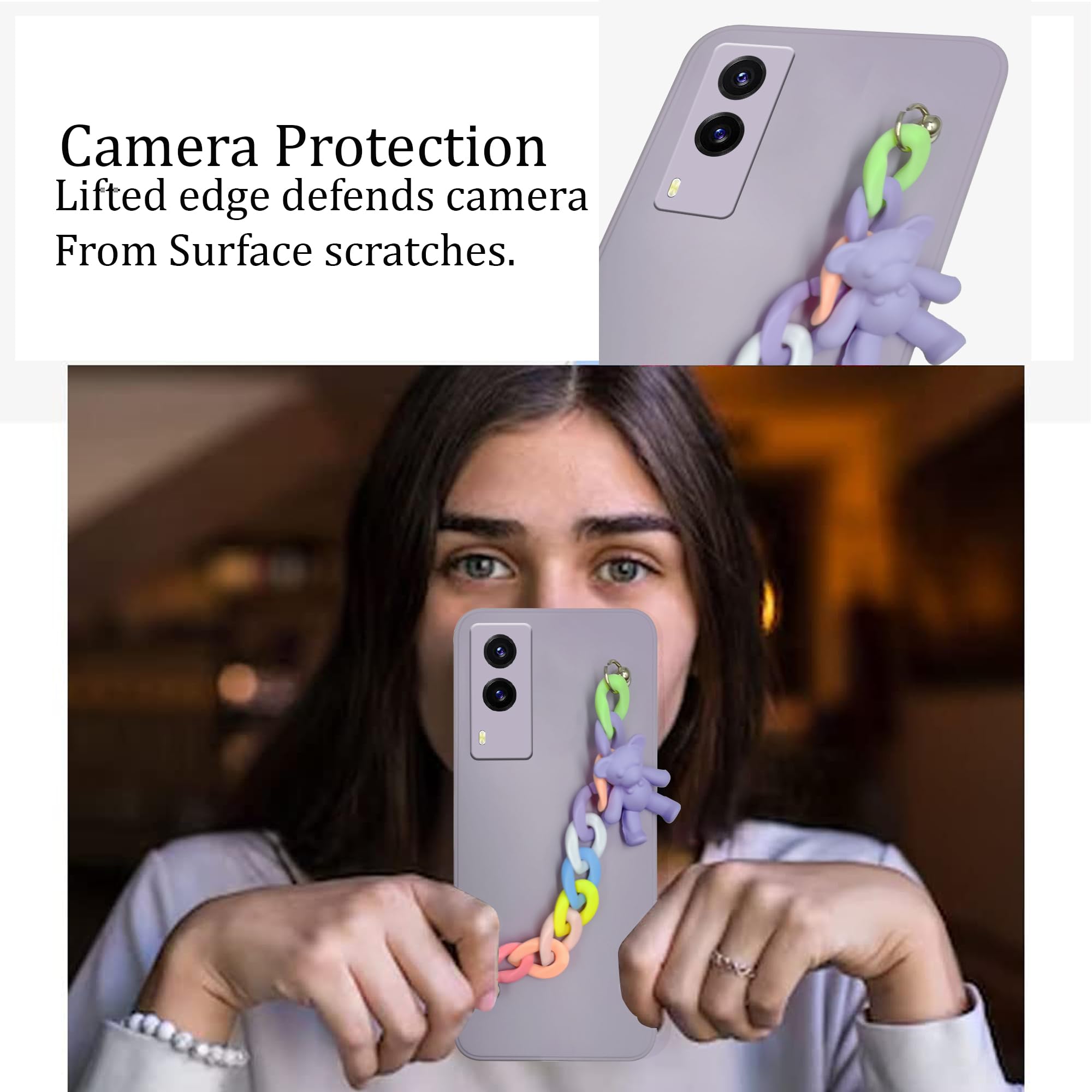 For Vivo V21e 5G Back Cover Girls Case with Bracelet (Wrist Hanging Chain | Teddy Toy Cartoon | Matte Pink)