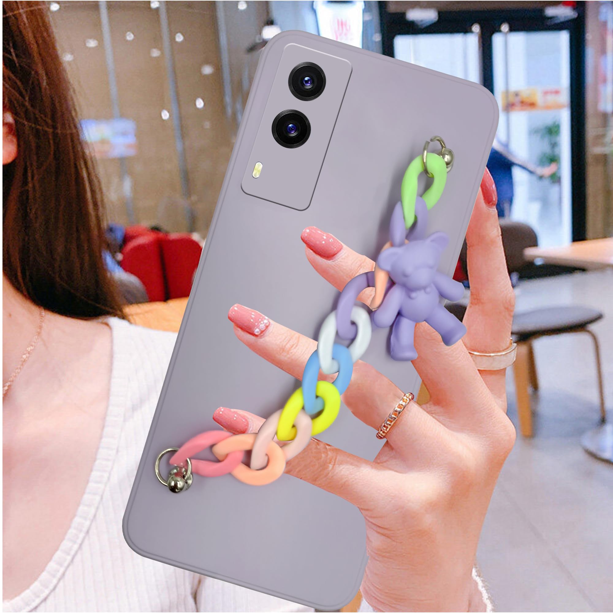 For Vivo V21e 5G Back Cover Girls Case with Bracelet (Wrist Hanging Chain | Teddy Toy Cartoon | Matte Pink)