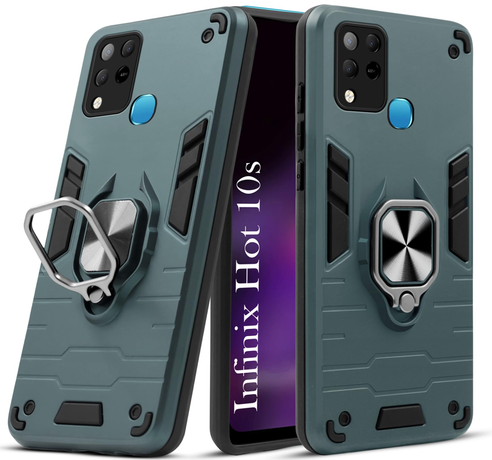 For Infinix Hot 10s Back Cover Case (Dual Layer Hybrid Armor | Ring Holder & Kickstand in-Built | 360 Degree Shockproof Protection)